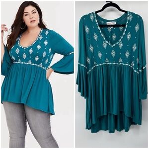 Torrid Aqua Boho Diamond Embroidered Blouse Women's Size 2X